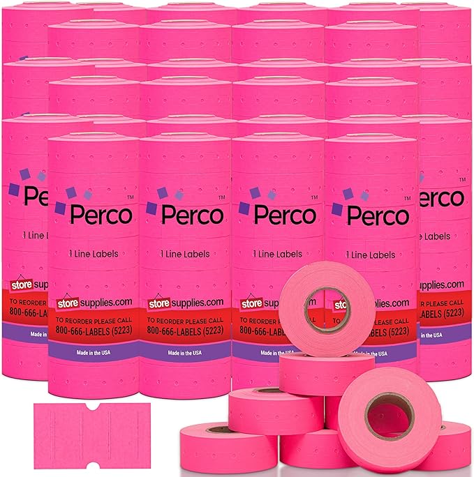 Perco 1 Line Fluorescent Pink Labels - Case of 30 Sleeves, 240,000 Blank Pricing Labels for Perco Lite, X, Plus and Pro 1 Line Price and Date Guns