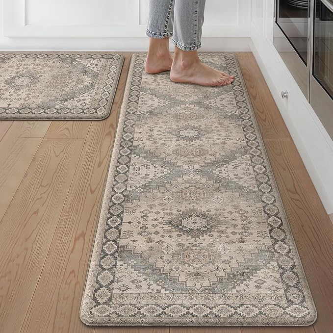 GENIMO Kitchen Mats for Floor, 2PCS Kitchen Rugs Non Slip Washable, Waterproof Anti Fatigue Mat, Comfort Standing Runner Rug for Sink, Office, Laundry, Home, 17.3"x59"+17.3"x30", Blush Camel