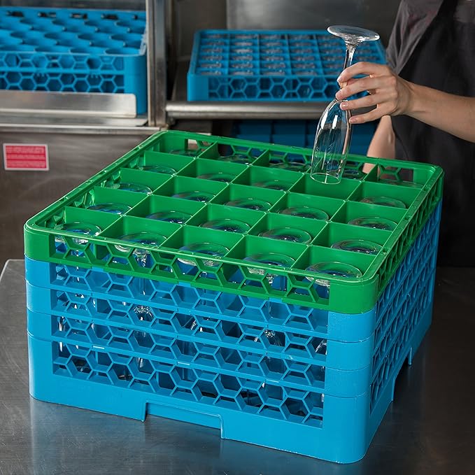 CFS RG25-4C413 OptiClean 25 Compartment Glass Rack with 4 Extenders, 10.3", Polypropylene, green/CFS Blue