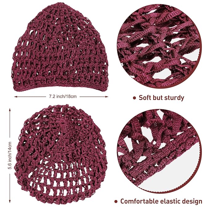 Geyoga 4 Pieces Mesh Crochet Hair Net Rayon Knit Snood Hat Thick Short Women Hairnet Snoods Cover Ornament for Sleeping (Purple, Navy Blue, Wine Red, Brown)