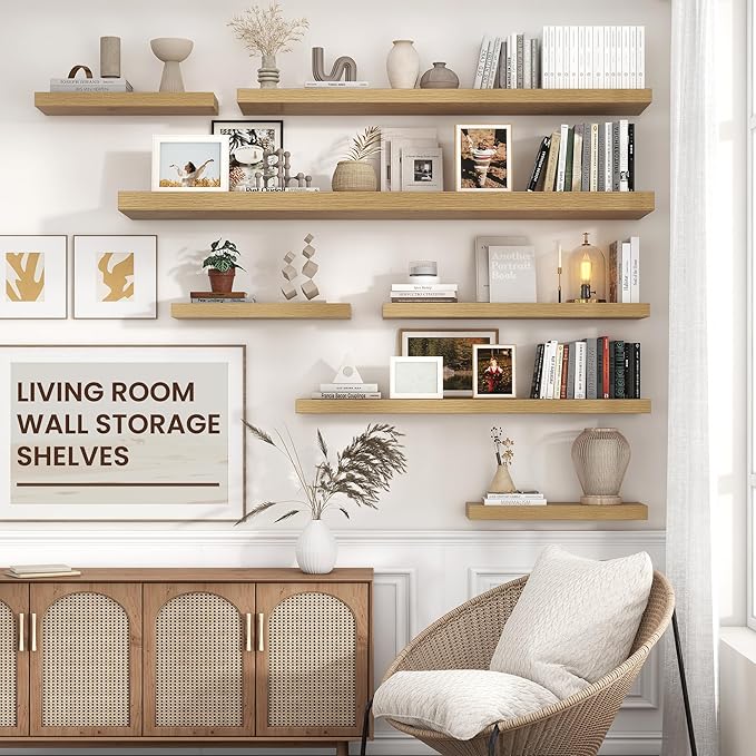 Floating Shelves for Wall 55"W x 10"D x 1.5"H, Long Engineered Wood Wall Shelves with Invisible Brackets for Living Room Bedroom Bathroom Office Kitchen Decor and Storage, Oak Finish, Set of 1