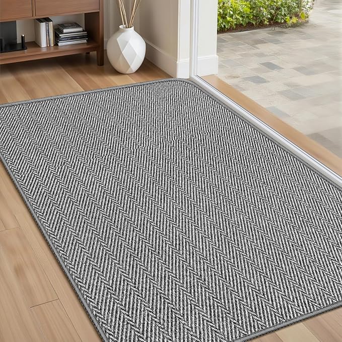 Ultra Thin Door Mat Indoor Entrance 24"x36", Low-Profile Indoor Door Mat, Non Slip Entry Mat Rubber Backing Unique Herringbone Design Inside Doormat Dirt Trapper Entryway Mats, Grey