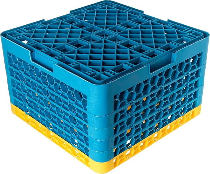 CFS RG25-5C411 OptiClean 25 Compartment Glass Rack with 5 Extenders, 11.9", Polypropylene, Yellow/CFS Blue