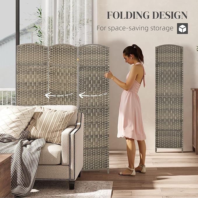 HOMCOM 3 Panel Room Divider, 6' Tall Folding Privacy Screen, Woven Freestanding Wall Partition for Home Office, Bedroom, Dark Rustic Oak