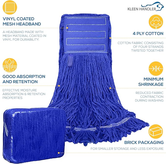 KLEEN HANDLER Blended Loop End Heavy Duty Mop Head Replacement, Wet Mop Refills for Industrial and Commercial Use, Dark Blue, 32 Oz (24-Pack)