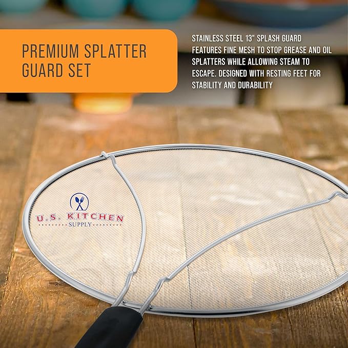 U.S. Kitchen Supply Stainless Steel Splatter Guard 13" Fine Mesh Cover, Grease & Oil, Splatter Screen for Frying Pan, Cooking Pots, with Resting Feet & Comfort Grip Handle