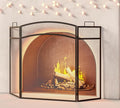 3 Panel Fireplace Screen 48" W x 29" H Modern Foldable with Wrought Metal Decorative Mesh,Arch Heavy Duty Fire Spark Guard Cover for Home Decor Indoor, Black