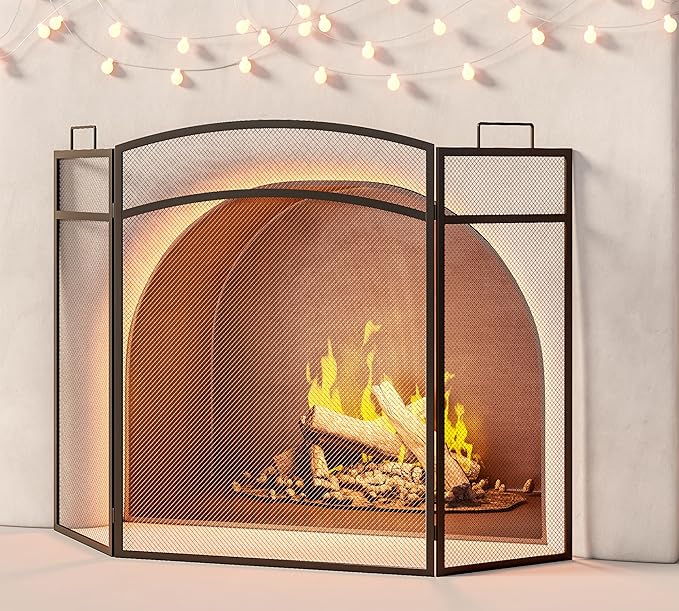 3 Panel Fireplace Screen 48" W x 29" H Modern Foldable with Wrought Metal Decorative Mesh,Arch Heavy Duty Fire Spark Guard Cover for Home Decor Indoor, Black