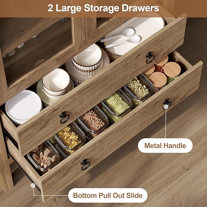 71'' Tall Arched Cabinet, Arched Kitchen Pantry Cabinet with Doors, Wood Arch Storage Cabinets Bookcase with 2 Large Drawers and Adjustable Shelves, Versatile Cupboard for Living Room, Natrual