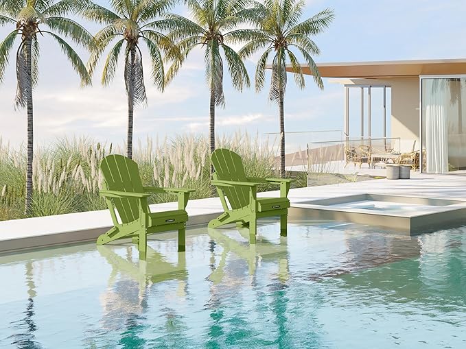 MUCHENGHY Folding Adirondack Chairs Set of 4, Patio Chairs, Lawn Chairs, Outdoor Chair, Adirondack Chair Plastic, Fire Pit, Weather Resistant with Cup Holder for Deck, Backyard, Garden(Lemon Green)
