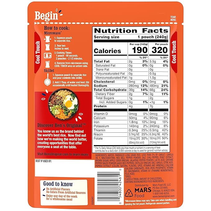 Ben’s Original Ready Rice Chili Garlic Flavored Rice, Easy Dinner Side, 8.5 oz Pouch (Pack of 12)