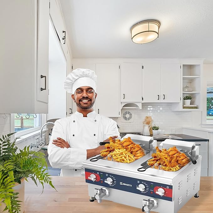 JOHAKYU Commercial Deep Fryer | Timer-Equipped Electric Fryer with Drain Valve & Swing-Up Head | 120V 3600W Stainless Steel Countertop Fryer for Home & Restaurant Use (25.4QT)