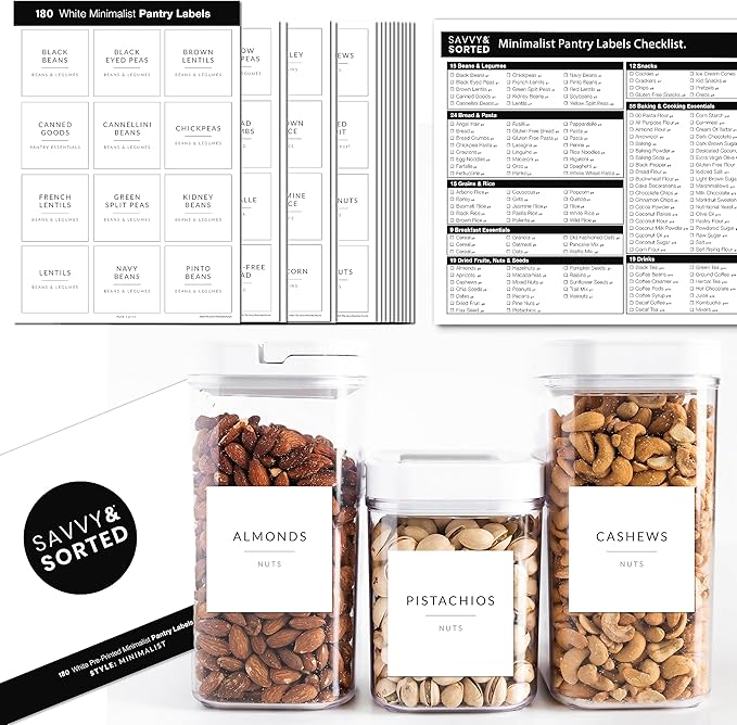 SAVVY & SORTED Minimalist Pantry Labels, 180 Waterproof Vinyl Stickers for Food Containers - Kitchen Labels for Organizing Storage Bins, Jars, Kitchen