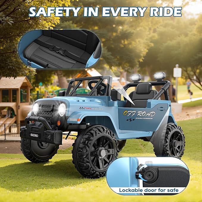 12V Ride On Truck Car with Remote Control, Kids Electric Vehicles with Bluetooth Music, Horn, 3 Speeds, 4 LED Lights, Soft Start, Ride on Toys for Toddler Boys & Girls (Blue)