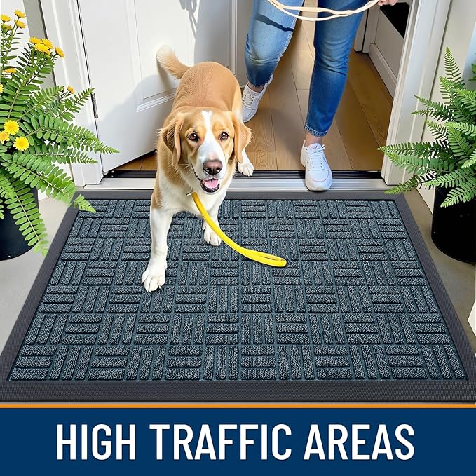 OLANLY Front Door Mat Outside Entrance 47x17, Absorbent, Heavy Duty Sturdy Natural Rubber Doormat Indoor Outdoor, Non-Slip, Stain and Fade Resistant, Low Profile Floor Mat for Entryway, Lake Blue