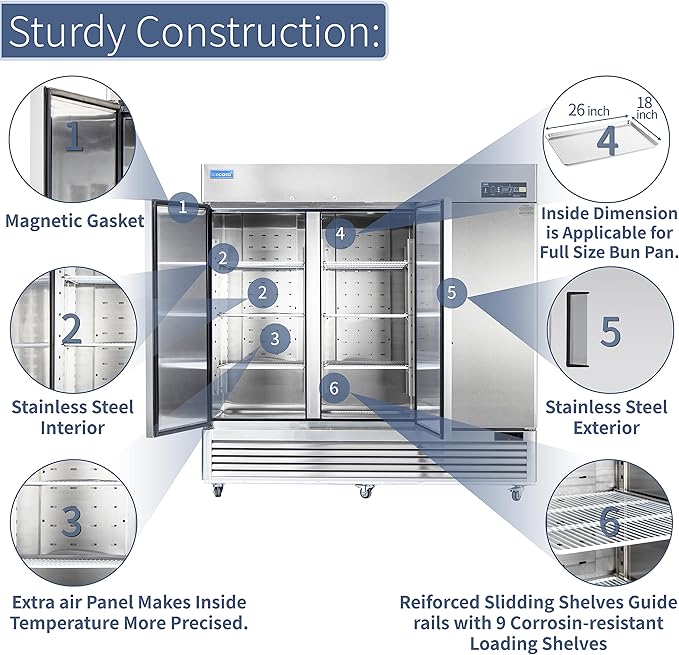 ICECASA 82" W Commercial Refrigerator Reach-in 72 Cu.ft 3 Solid Door Stainless Steel Commercial Refrigerator Fan Cooling for Restuarant, Bar, Shop, etc