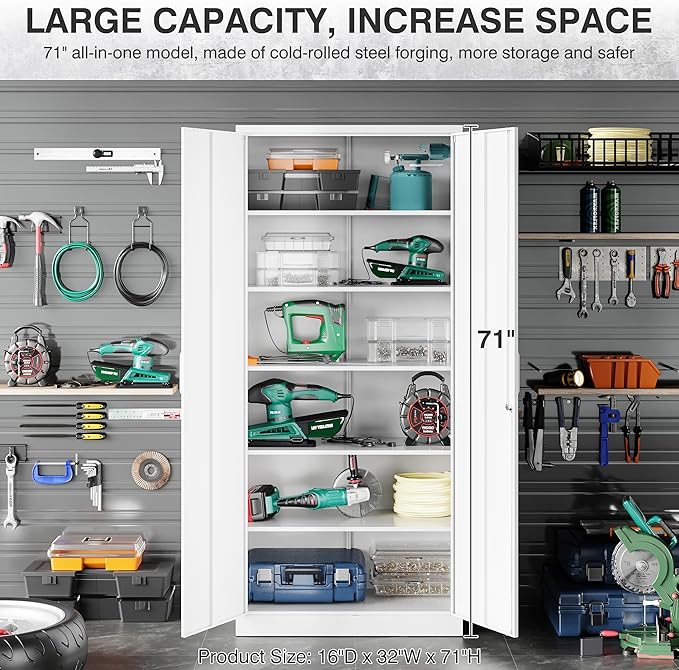 SISESOL Metal Storage Storage Cabinet with 5 Adjustable Shelves,White Metal Cabinet with Locking Doors,Steel Pantry Cabinet with Lock,71" Lockable Storage Cabinet for Home,Office,Garage,Kitchen,Shop