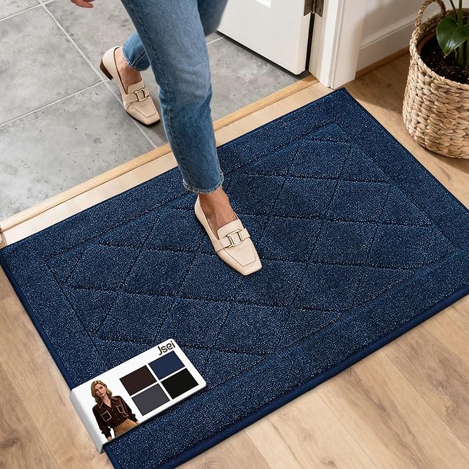 JSEI Dirt Trapper Door Mat 20"x32", Non-Slip Washable Entryway Mats, Dog Door Mat, Stain Resistant and Absorbent Floor Mats, Low Profile Welcome Mat for Front Back Door, Navy Blue