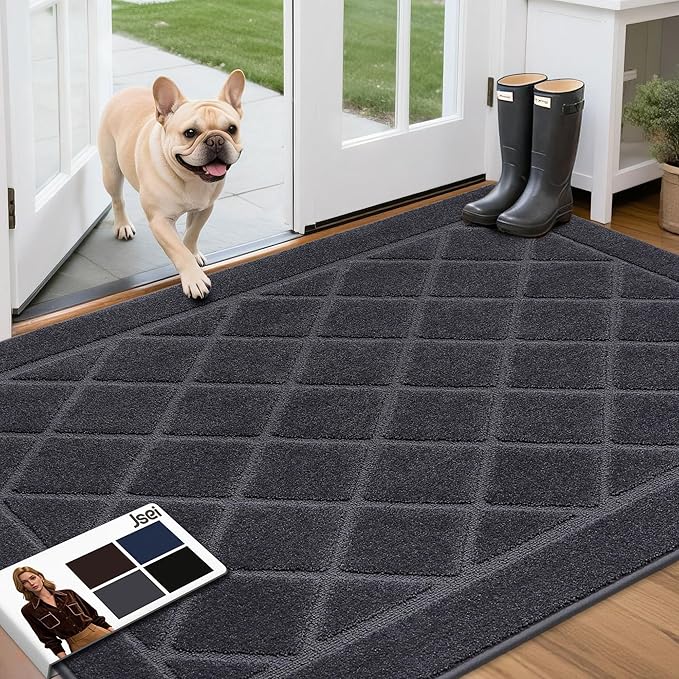 JSEI Dirt Trapper Door Mat 36"x60", Non-Slip Washable Entryway Mats, Dog Door Mat, Stain Resistant and Absorbent Floor Mats, Low Profile Welcome Mat for Front Back Door, Dark Grey