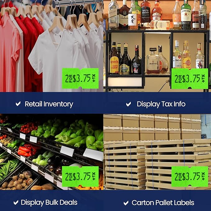 Perco 1 Line Fluorescent Green Labels - 8 Rolls, 1 Sleeve, 8,000 Blank Price and Date Gun Labels for Perco Lite, X, Plus and Pro 1 Line Price and Date Guns - Made in USA