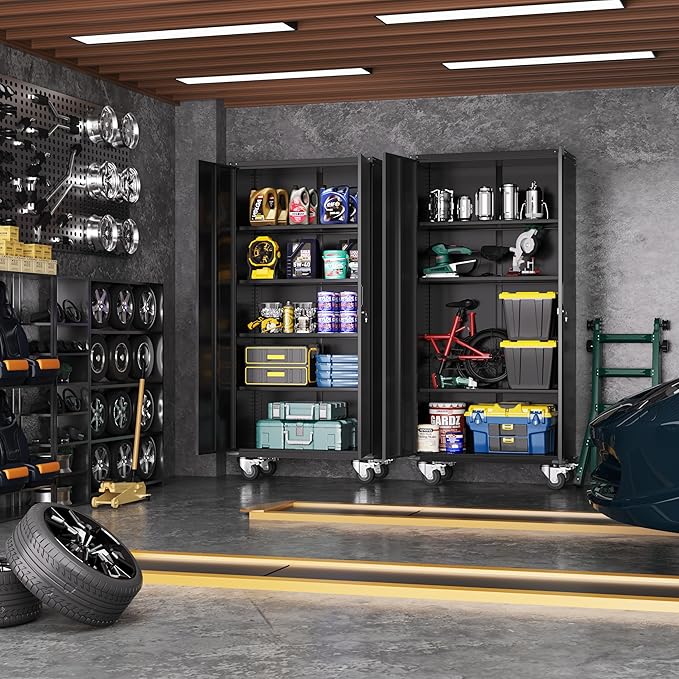 Greenvelly Metal Storage Cabinet with Wheels, Lockable 72" Black Metal Garage Cabinets with 2 Doors and 4 Adjustable Shelves, Rolling Steel Tool Cabinet for Garage, Home Office, School