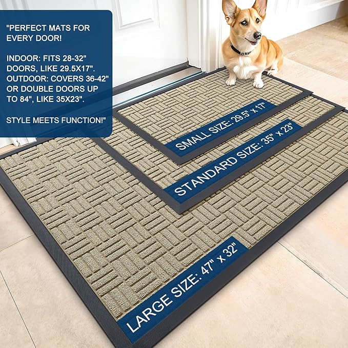 OLANLY Front Door Mat Outside Entrance 35x23, Absorbent, Heavy Duty Sturdy Natural Rubber Doormat Indoor Outdoor, Stain and Fade Resistant, Non-Slip Backing Low Profile Floor Mat for Entryway, Beige