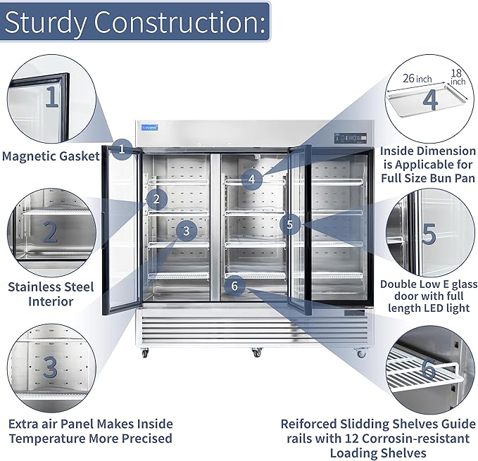 ICECASA 82" W Commercial Display Refrigerator 3 Glass Door Merchandiser Reach-in 72 Cu.ft Stainless Steel Display Refrigerator Fan Cooling for Restuarant, Bar, Shop, etc