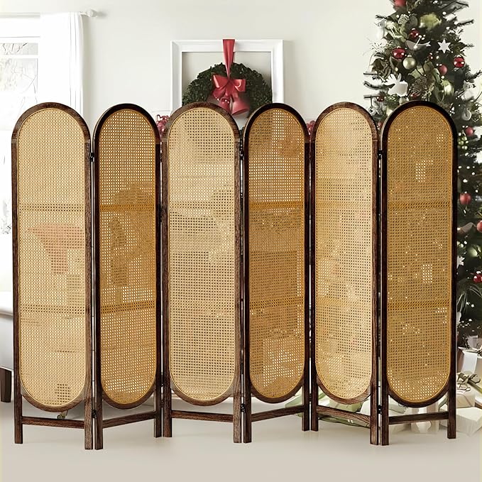 6 Panel Room Divider, Hand-Woven Rattan Room Divider Screen, Folding Privacy Screens with Double Hinges, Wooden Freestanding Wall Divider for Room Separation Bedroom Home Office - Brown