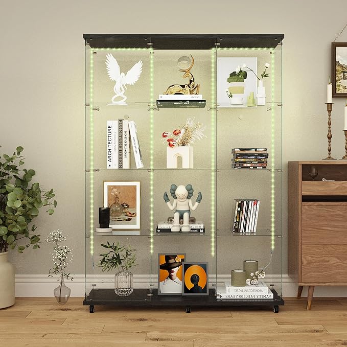 Glass Display Cabinet with LED Light Strip, 12 Shelves 3 Column 2 Doors, Large Curio Storage Cabinets with Lock & Caster for Living Room, Office, Floor Standing Glass Bookshelf - Black