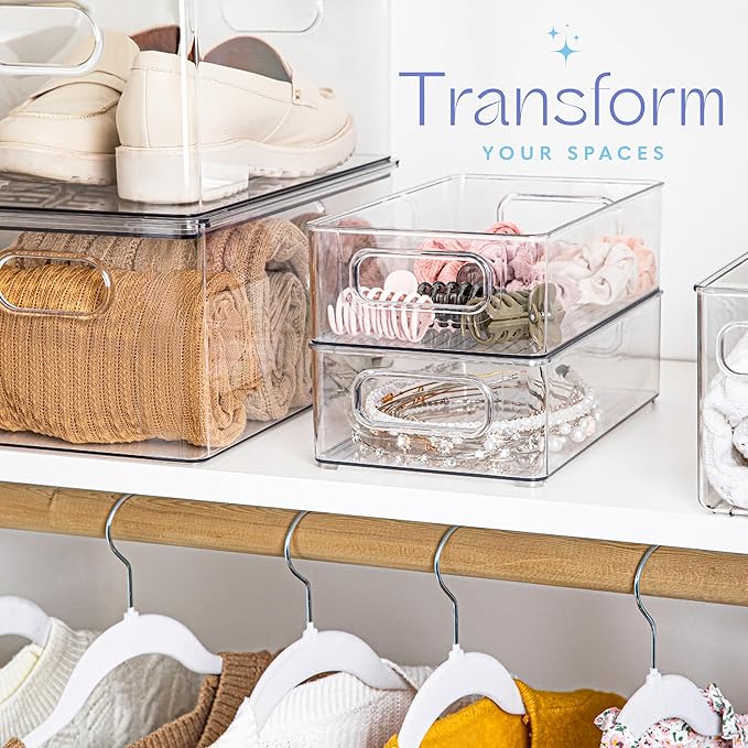 primebox 6 Pack Clear Plastic Organizing Container with Integraged Handles for Home Organization for Kitchen, Pantry, Fridge, Freezer, Cabinet,Bathroom, Stackable. 10"x6"x3"