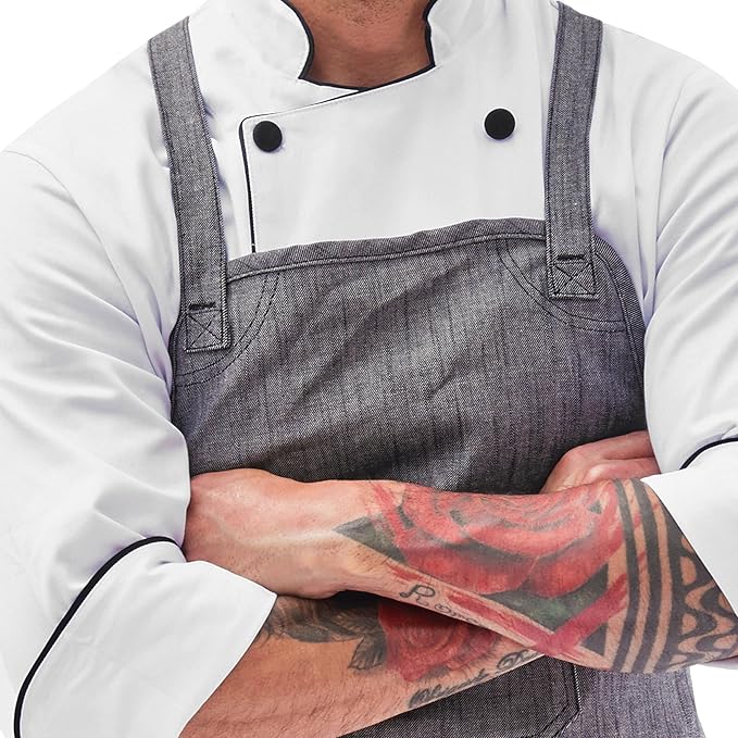| Oxford Denim Apron - Apron for Women and Men with metal eyes. Adjustable straps on the back and waist. For kitchen work, chef.