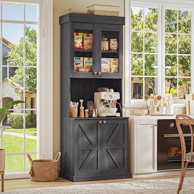 Vyre 71" Farmhouse Kitchen Pantry Cabinet, Black Freestanding Coffee Bar Hutch with Glass Doors, Drawers & Adjustable Shelves, Microwave Stand Storage Organizer for Living Room & Kitchen, Set of 4