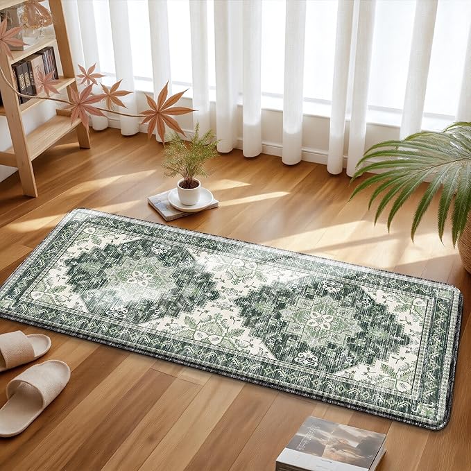 Boho Kitchen Mats for Floor 2 Piece Set Anti Fatigue Cushioned PVC Kitchen Rugs Non Slip Waterproof Farmhouse Mats 2/5 Inch Comfort Standing Mat for Sink, Laundry, Office, 17.3"x59"+17.3"x28", Green