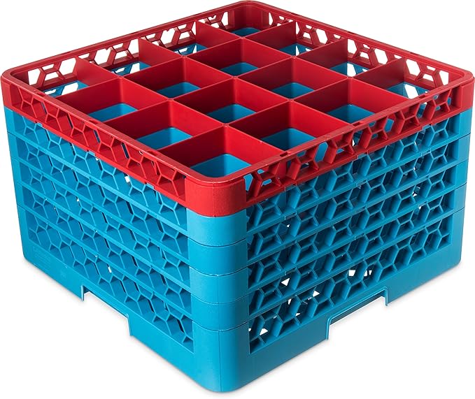 CFS RG16-5C410 OptiClean 16 Compartment Glass Rack with 5 Extenders, 11.9", Polypropylene, Red/CFS Blue