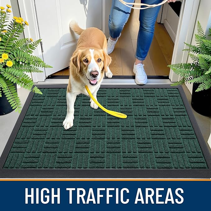 OLANLY Front Door Mat Outside Entrance 47x17, Absorbent, Heavy Duty Sturdy Natural Rubber Doormat Indoor Outdoor, Non-Slip, Stain and Fade Resistant, Low Profile Floor Mat for Entryway, Black Green