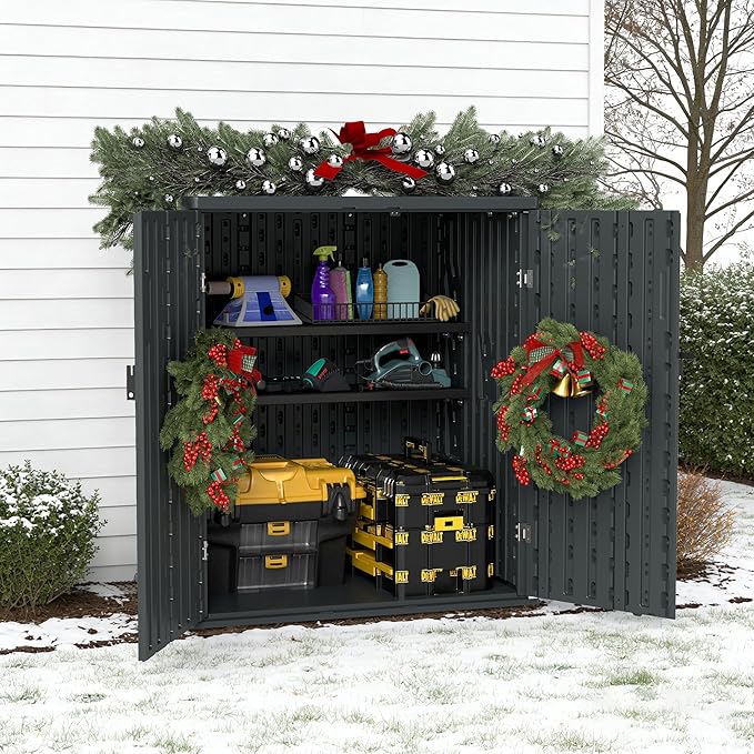 EHHLY Heavy Duty Small Storage Cabinet Outdoor Weatherproof, 14 Cuft Garage Storage Cabinet with 2 Adjustable Shelves, Lockable Kitchen Pantry Closer Organizer, 31Wx23Lx34H, Sage Grey