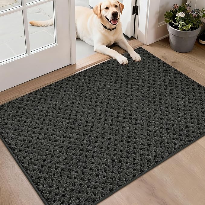 BEQHAUSE Dirt Trapper Door Mat Non-Slip Entryway Rugs Stain Resistant Absorbent Dog Doormats Woven-Look Washable Welcome Floor Doormat For Front Back Door, Muddy Wet Shoes & Paws, 32" x 48", Dark Grey