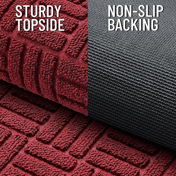 OLANLY Front Door Mat Outside Entrance 29.5x17, Absorbent, Heavy Duty Sturdy Natural Rubber Doormat Indoor Outdoor, Non-Slip, Stain and Fade Resistant, Low Profile Floor Mat for Entryway, Black Red