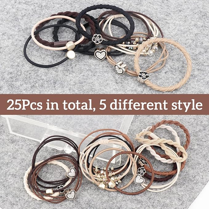 YONOY 25 Pcs Boho Hair Ties for Women, 5 Styles Cute Hair Tie Bracelets for Thin & Thick Hair/Pony Tails, No Damage Elastics