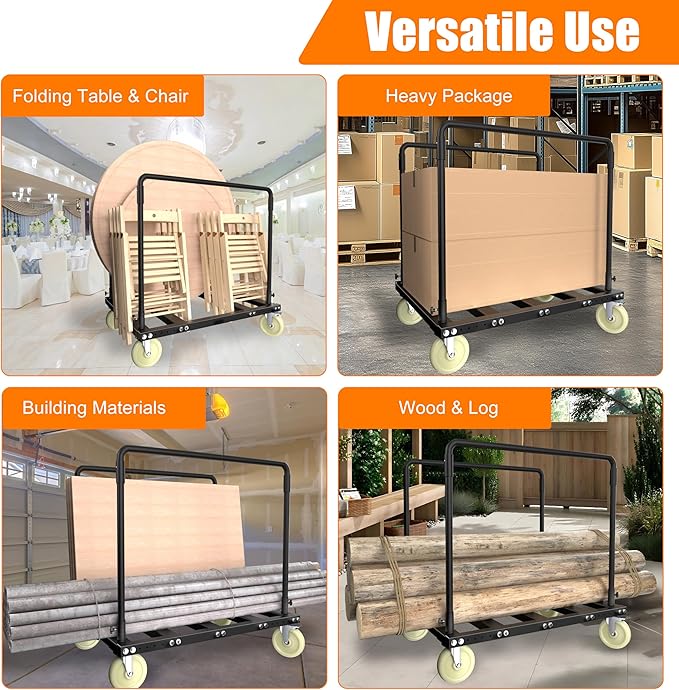Utility Folding Table Cart, Heavy Duty Table Dolly with Swivel Wheels, Black Panel Cart for Drywall, Lumber, Mattress, Warehouse, Party Events, Grage, Home, Hotel