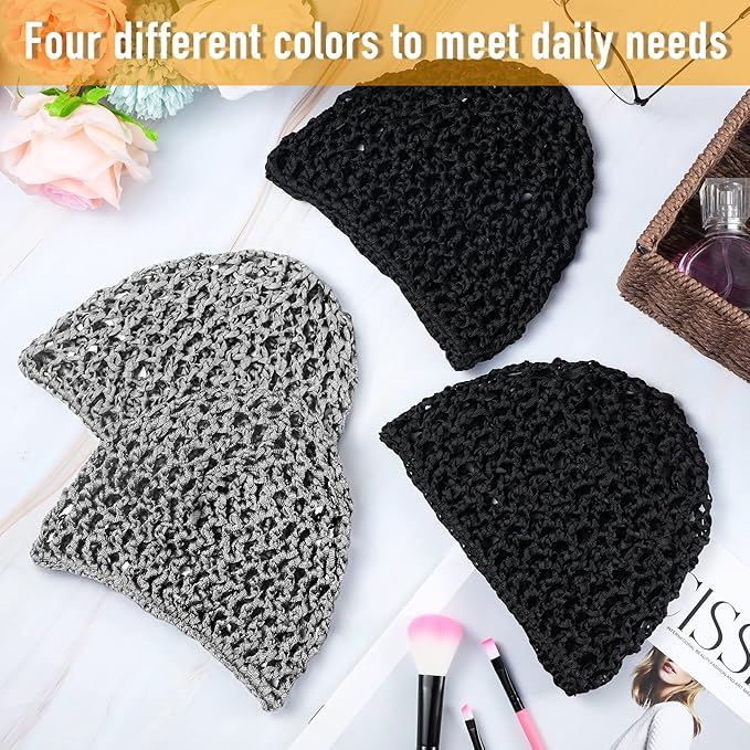 Geyoga 4 Pieces Mesh Crochet Hair Net Rayon Knit Snood Hat Thick Short Women Hairnet Snoods Cover Ornament for Sleeping (Black, Gray)