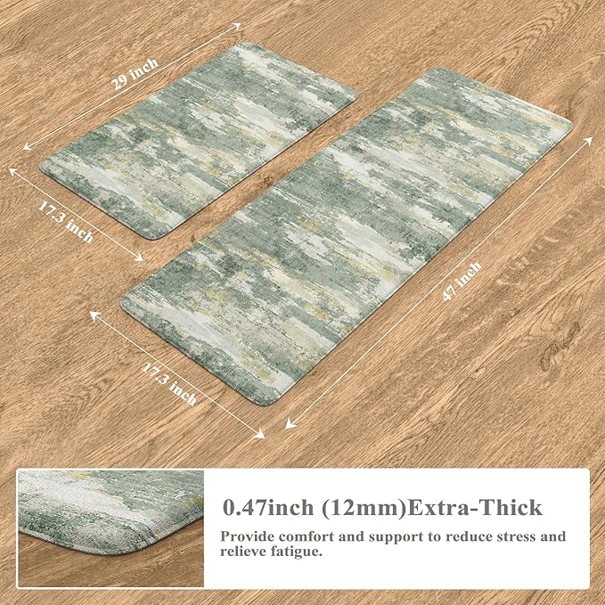 Collive Anti Fatigue Kitchen Mats, Grey/Green Abstract Kitchen Rugs Sets of 2 Non Slip Waterproof Standing Mat, Cushioned Comfort Desk Rug for Home Office, Sink, Laundry, 17"x29"+17"x47"