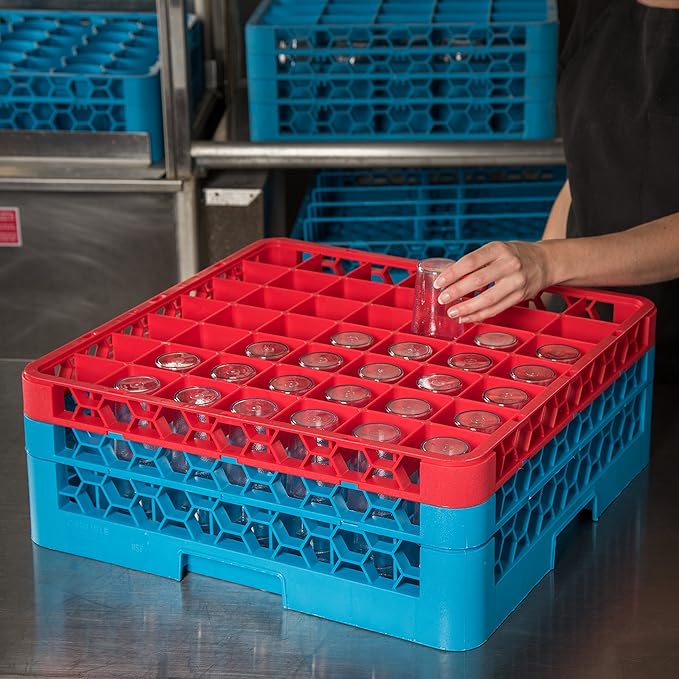 CFS RG49-2C410 OptiClean 49 Compartment Glass Rack with 2 Extenders, 7.12", Polypropylene, Red/CFS Blue