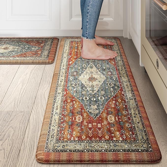 Collive Boho Kitchen Mats 2PCS, Cushioned Kitchen Mat for Floor Anti Fatigue Waterproof Kitchens Rugs Set of 2, Non Skid Comfort Standing Rug for Office, Sink, Laundry, 17"x30"+17"x47"