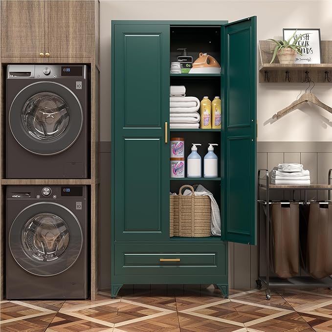 75" Kitchen Pantry Cabinet with Drawer, Metal Storage Cabinets with Doors and 4 Adjustable Shelves,Green Kitchen Cabinet with 2 Gold Handles,Food Cupboard for Livingroom,Pantry, Bathroom