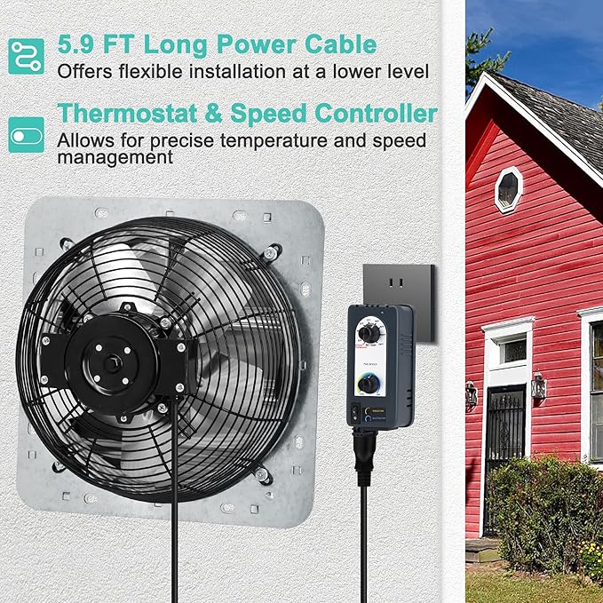 10 Inch Shutter Exhaust Fan with Thermostat and Speed Controller, Wall Mounted Vent Fan for Attic, Greenhouse, Shed, Garage, Chicken Coop, Shop Ventilation, 820 CFM, 1200 SQF Coverage Area