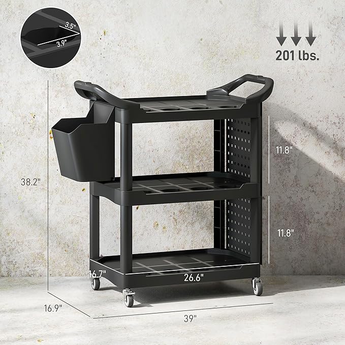 HOMCOM 3 Tier Utility Cart on Wheels, Rolling Tool Storage with Pegboards and Bucket, 200 LBS Load Capacity Plastic Service Cart for Garage, Warehouse, Workshop, Black