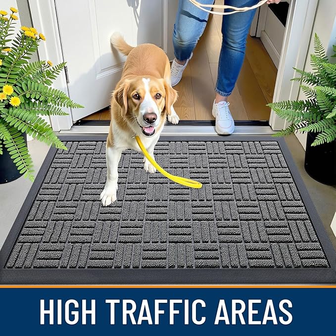 OLANLY Front Door Mat Outside Entrance 47x23, Absorbent, Heavy Duty Sturdy Natural Rubber Doormat Indoor Outdoor, Stain and Fade Resistant, Non-Slip Backing Low Profile Floor Mat for Entryway, Grey