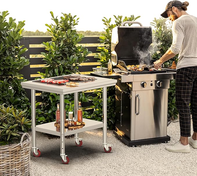 YITAHOME NSF Stainless Steel Table, 30" X 24" Work Table with Wheels, 2 Shelves Metal Prep Worktable for Home Kitchen Restaurant Garage Warehouse Outdoor