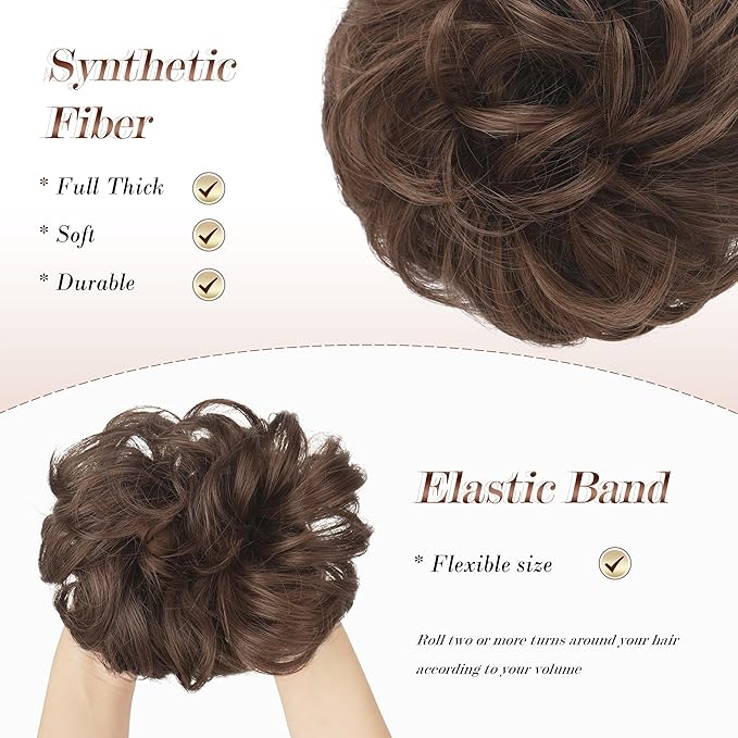 FESHFEN Large Messy Bun Hair Piece - Wavy Synthetic Chignon Scrunchies Elastic Ponytail Hair Extensions Thick Hairpieces for Women, Brunette Brown 1.94oz